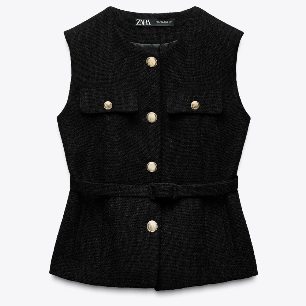 ZARA Structure Black Tweed Vest with Belt & Gold Buttons
